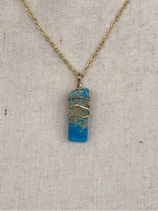 Blue Rectangular Stone Pendant Necklace with Gold Wire Wrap - Picture 2 of 4